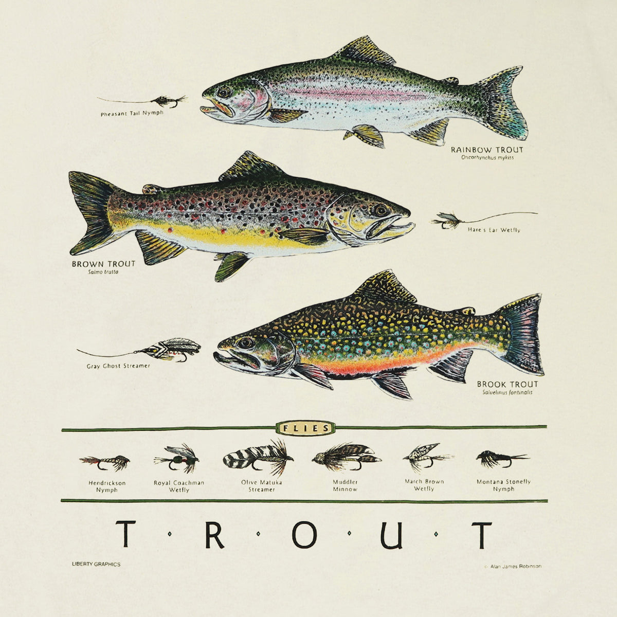 Trout & Flies Adult Natural T-shirt – Liberty Graphics