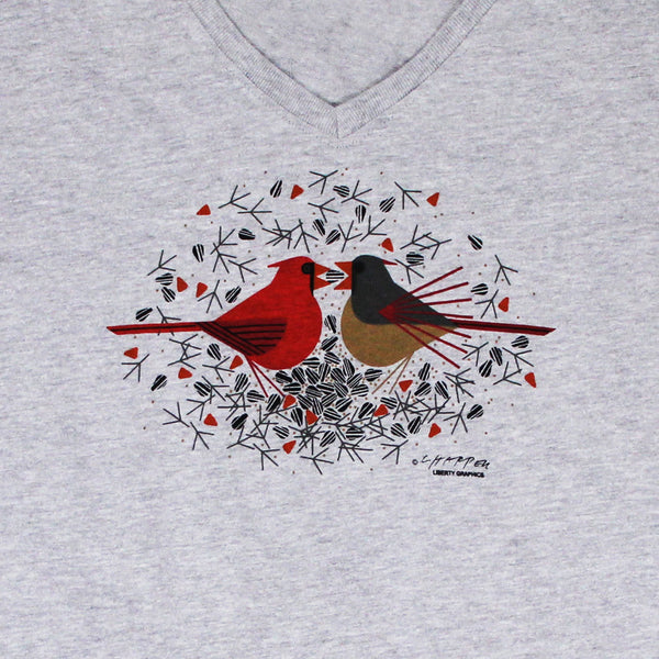 Charley Harper's Cardinal Courtship Premium V-neck Ladies Heather T-shirt