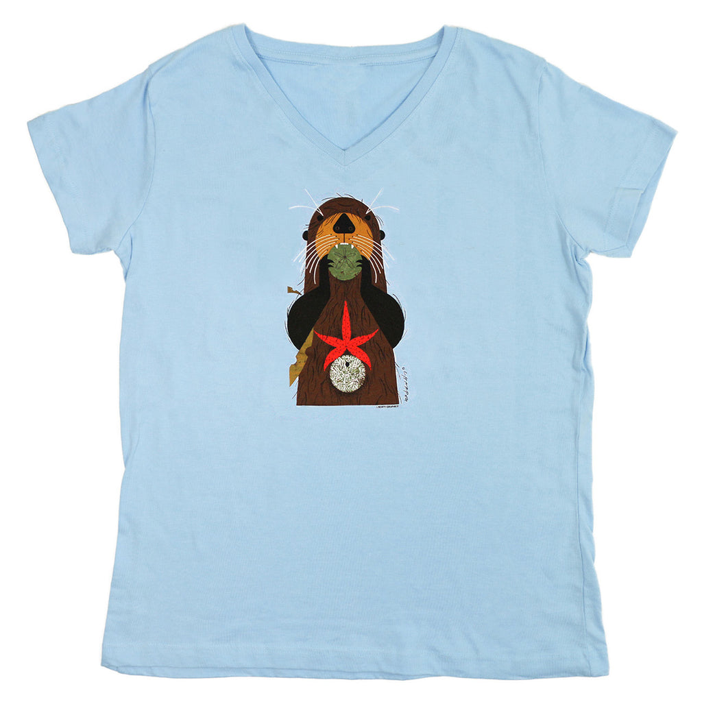 Charley Harper's Otterly Delicious Adult Light Blue Premium V-neck Fitted Ladies T-shirt