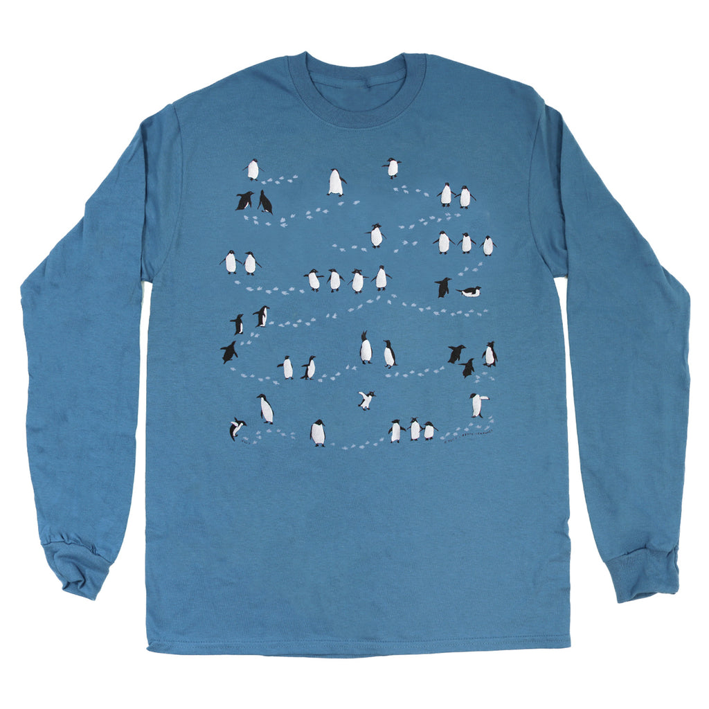 Penguin Tracks Long Sleeve Adult Indigo T-shirt