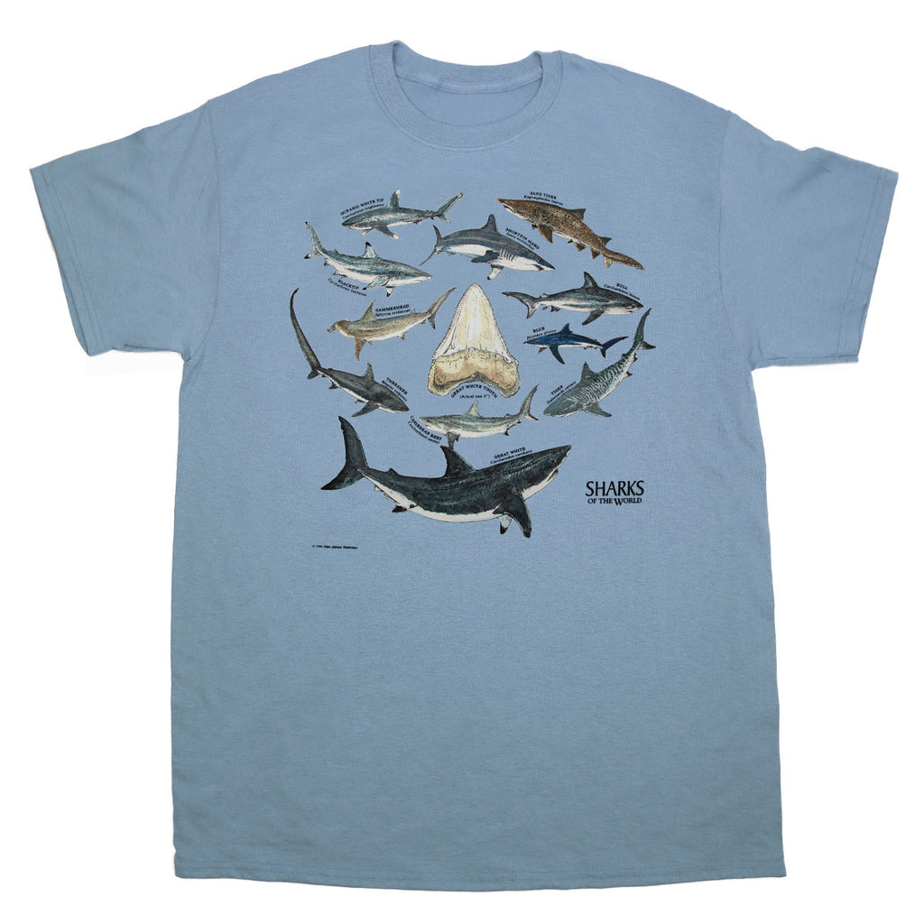 Sharks Of The World Adult Stone Blue T-shirt