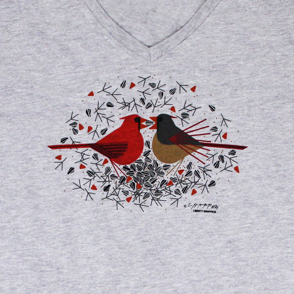 Liberty Graphics Charley Harper's Cardinal Courtship Premium V-Neck Ladies Heather T-Shirt XXL