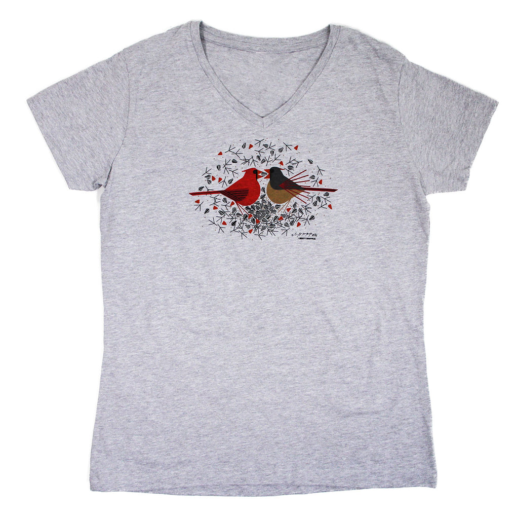 Charley Harper's Cardinal Courtship Premium V-neck Ladies Heather T-shirt