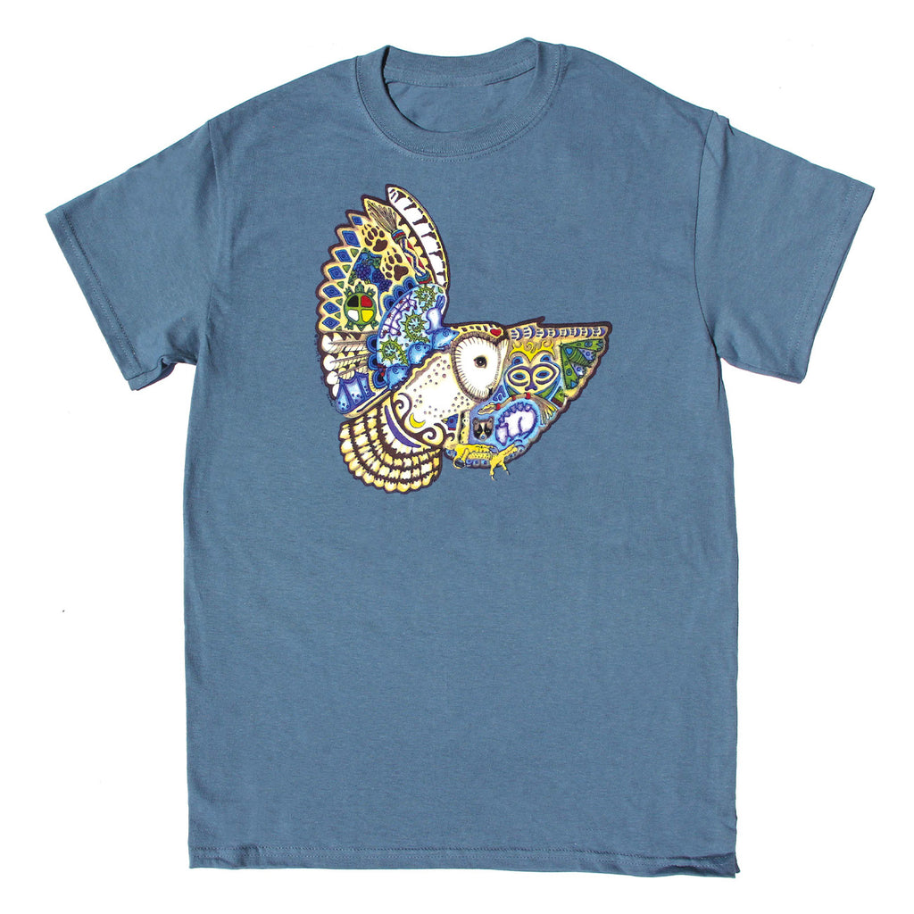 Earth Art Barn Owl Adult Indigo T-shirt