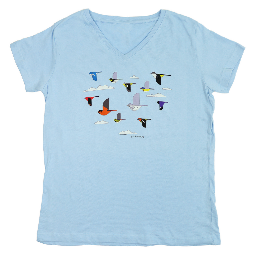 Charley Harper's Flight Of Fancy Premium V-neck Ladies Light Blue T-shirt