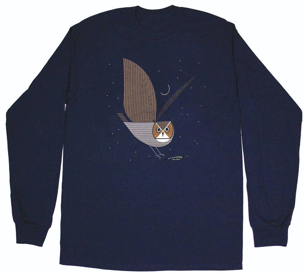 Charley Harper's Great Horned Owl Adult Navy Long Sleeve T-shirt