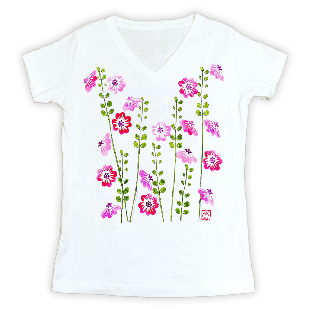 Hollyhocks Premium V-Neck Ladies White T-shirt