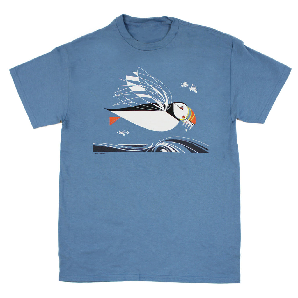 Charley Harper's The Name Is Puffin Adult Indigo Organic T-shirt