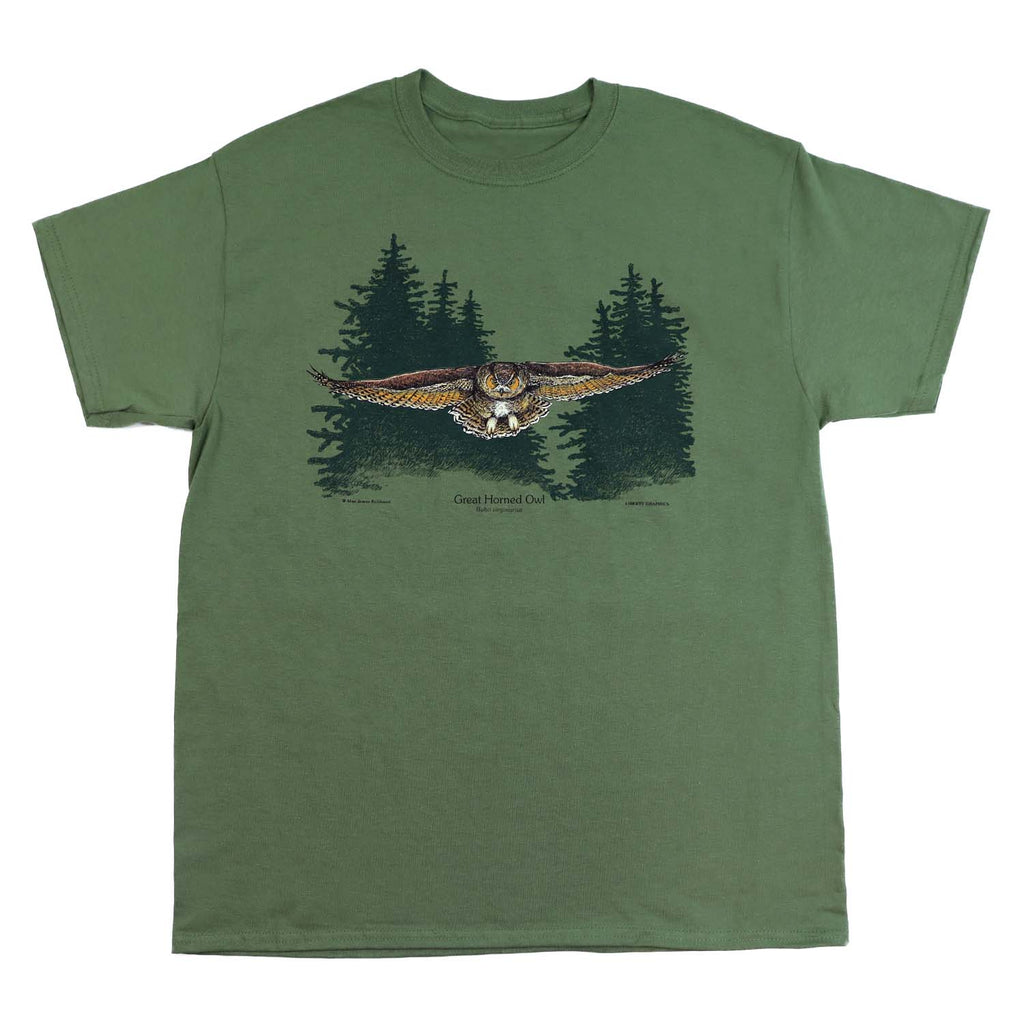 Owl In Flight Adult Olive Green T-shirt