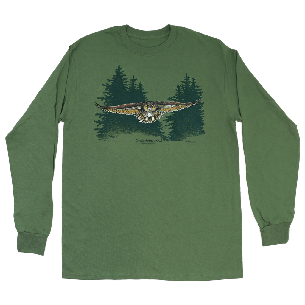 Owl In Flight Adult Olive Green Long Sleeve T-shirt